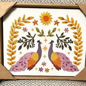 NEW BP Home Textile Embroidery Peacock Woven Wall Art 12” x 15" Folk Art Framed